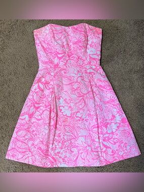 Lilly Pulitzer Pink Tropics Pink and White Strapless Sundress Size 0 EUC